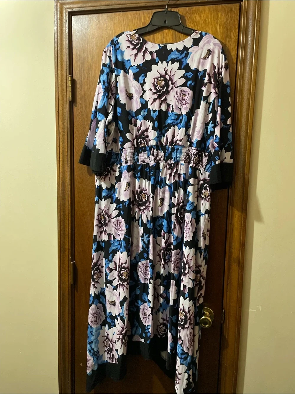 INC International Concepts Black Wrap Maxi Dress with Purple & Blue Floral